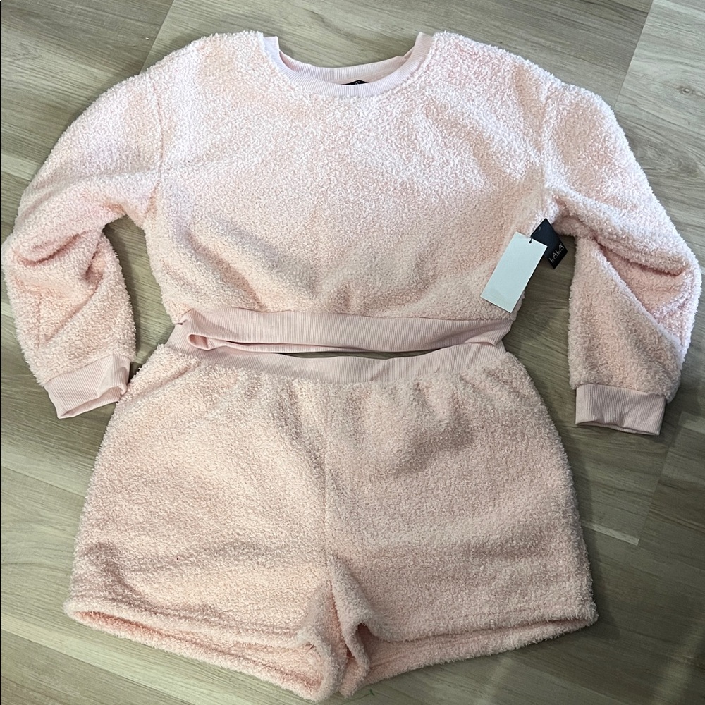 Rene Rolf Fleece Crop Top Shorts Cozy Pink Fleece Lounge Set Size XL